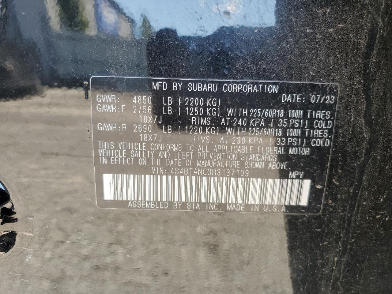 2024 SUBARU OUTBACK LIMITED VIN:4S4BTANC3R3137109