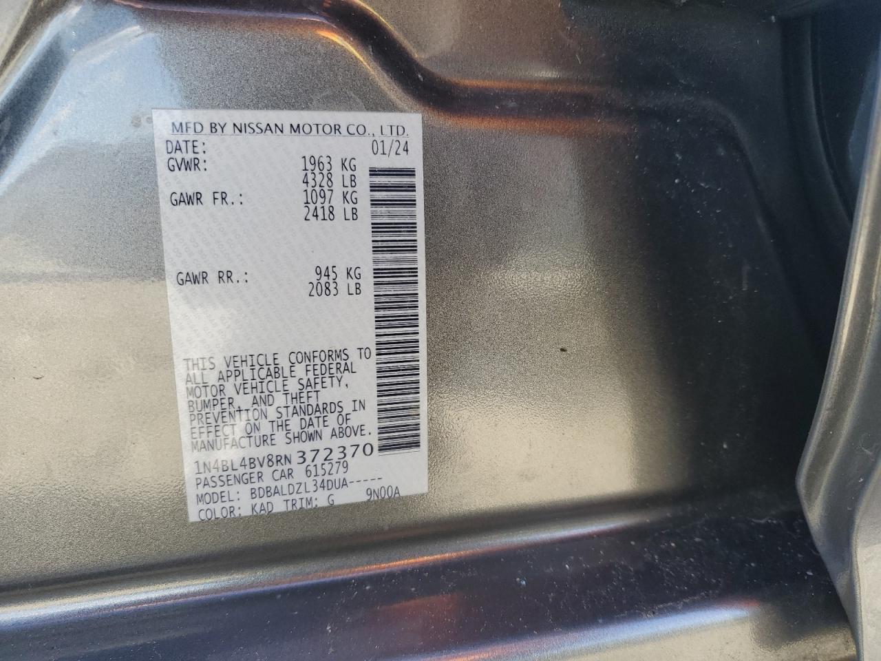 2024 NISSAN ALTIMA S VIN:1N4BL4BV8RN372370