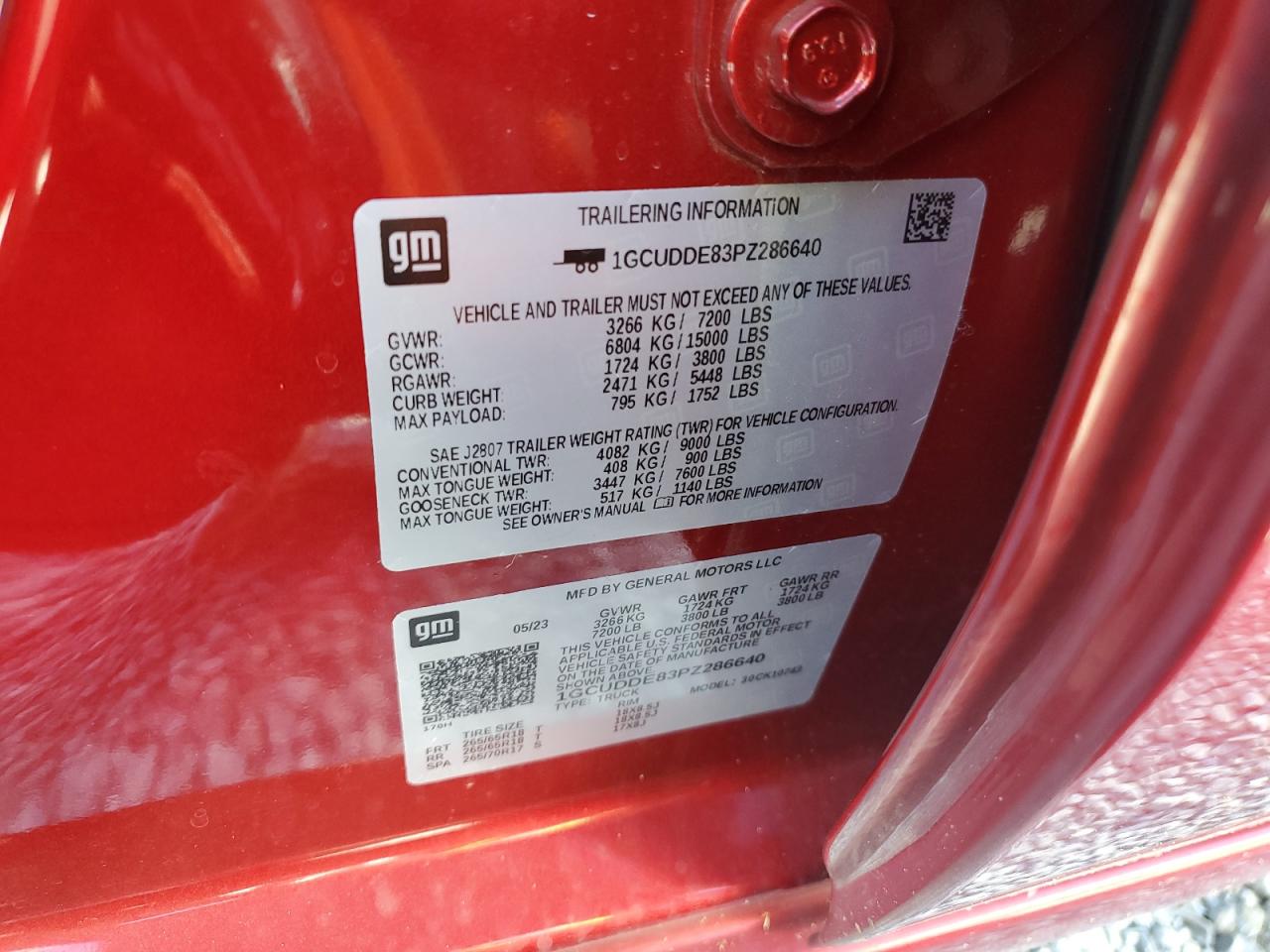 2023 CHEVROLET SILVERADO K1500 LT VIN:1GCUDDE83PZ286640