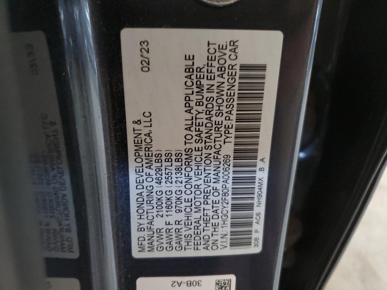 2023 HONDA ACCORD TOURING HYBRID VIN:1HGCY2F80PA006269