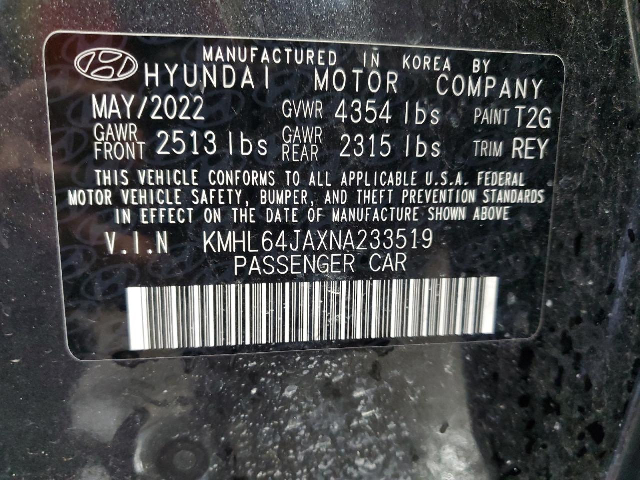 2022 HYUNDAI SONATA SEL VIN:KMHL64JAXNA233519