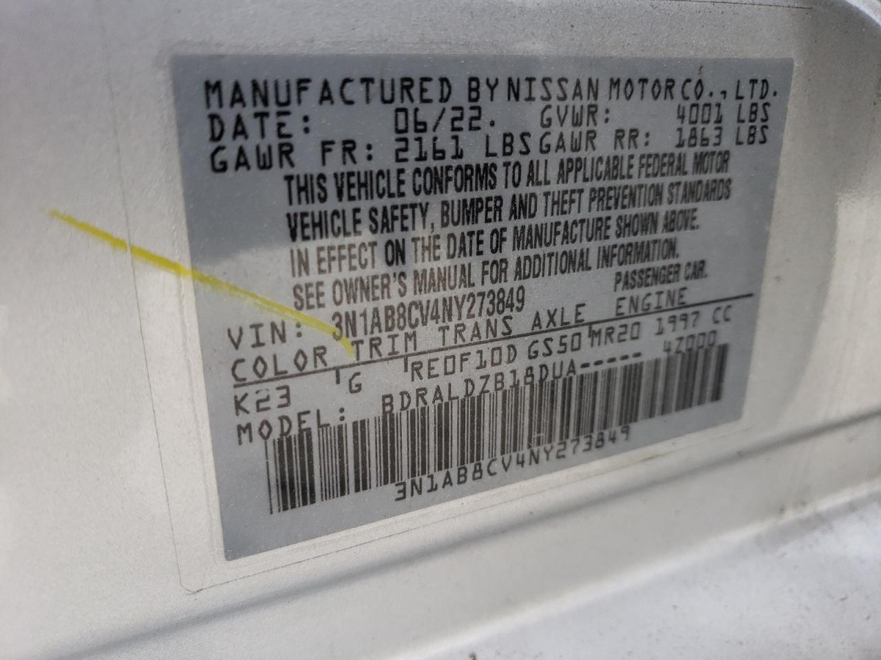 2022 NISSAN SENTRA SV VIN:3N1AB8CV4NY273849