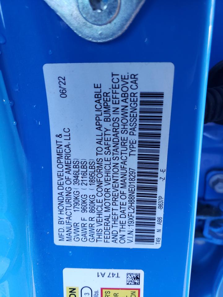 2022 HONDA CIVIC SPORT VIN:19XFL2H88NE018297