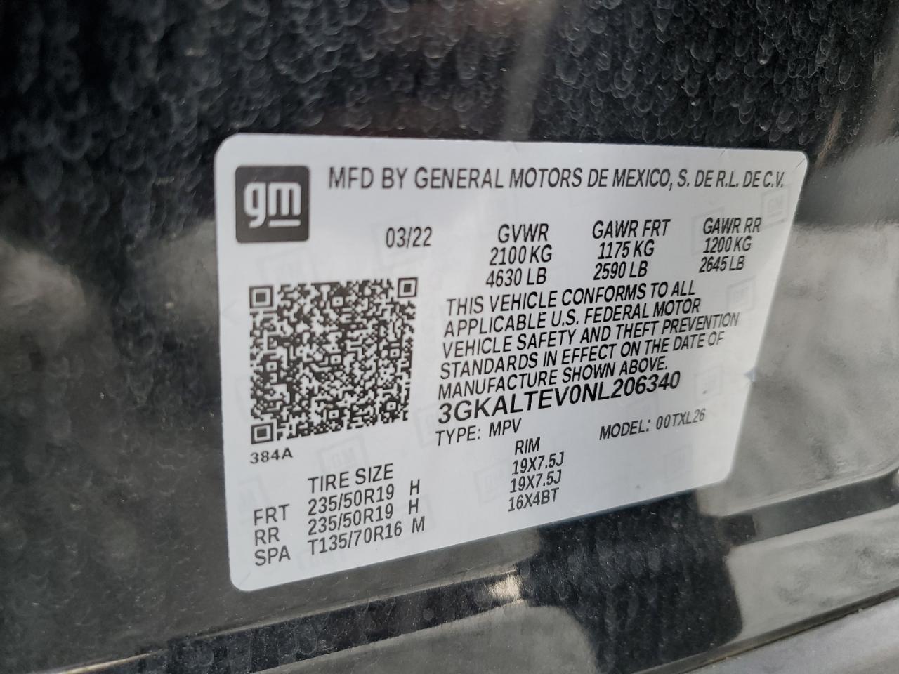 2022 GMC TERRAIN SLE VIN:3GKALTEV0NL206340