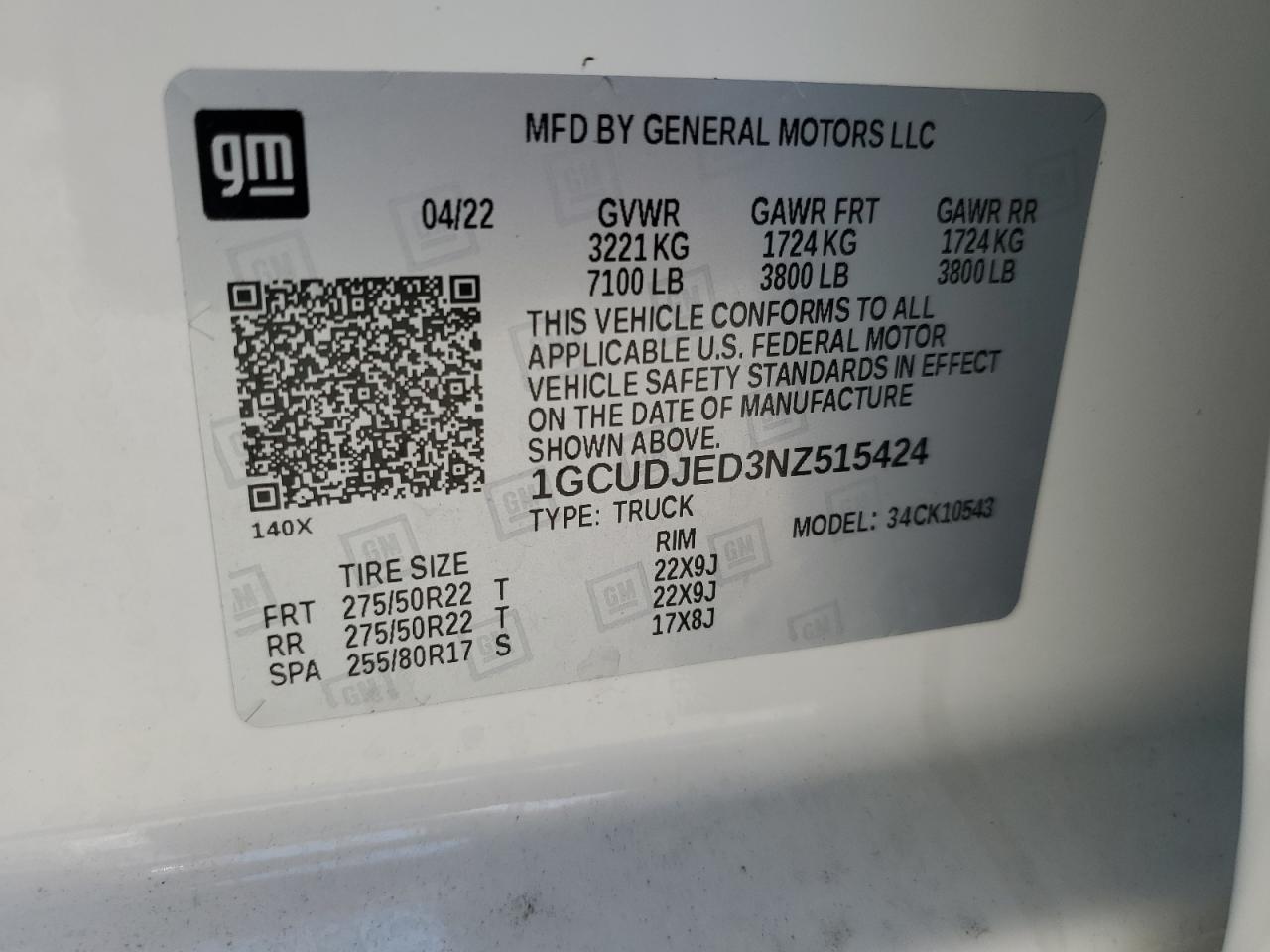 2022 CHEVROLET SILVERADO K1500 HIGH COUNTRY VIN:1GCUDJED3NZ515424