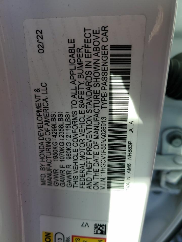 2022 HONDA ACCORD EXL VIN:1HGCV1F55NA026913