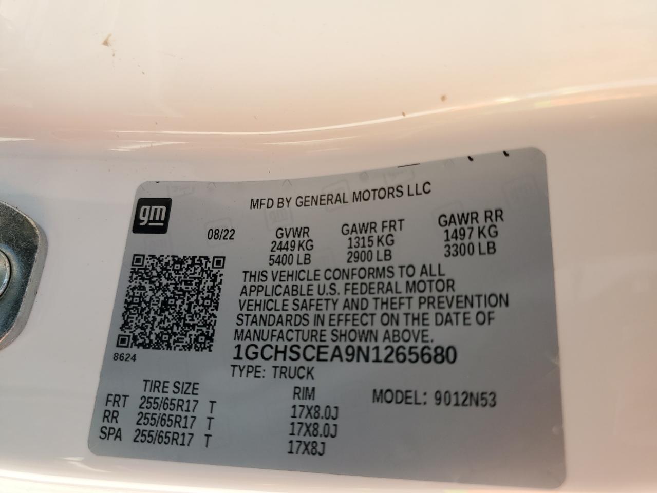 2022 CHEVROLET COLORADO LT VIN:1GCHSCEA9N1265680