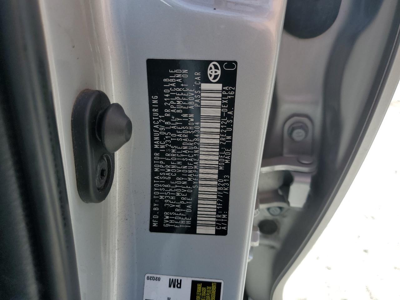 2022 TOYOTA COROLLA LE VIN:5YFEPMAE1NP284304