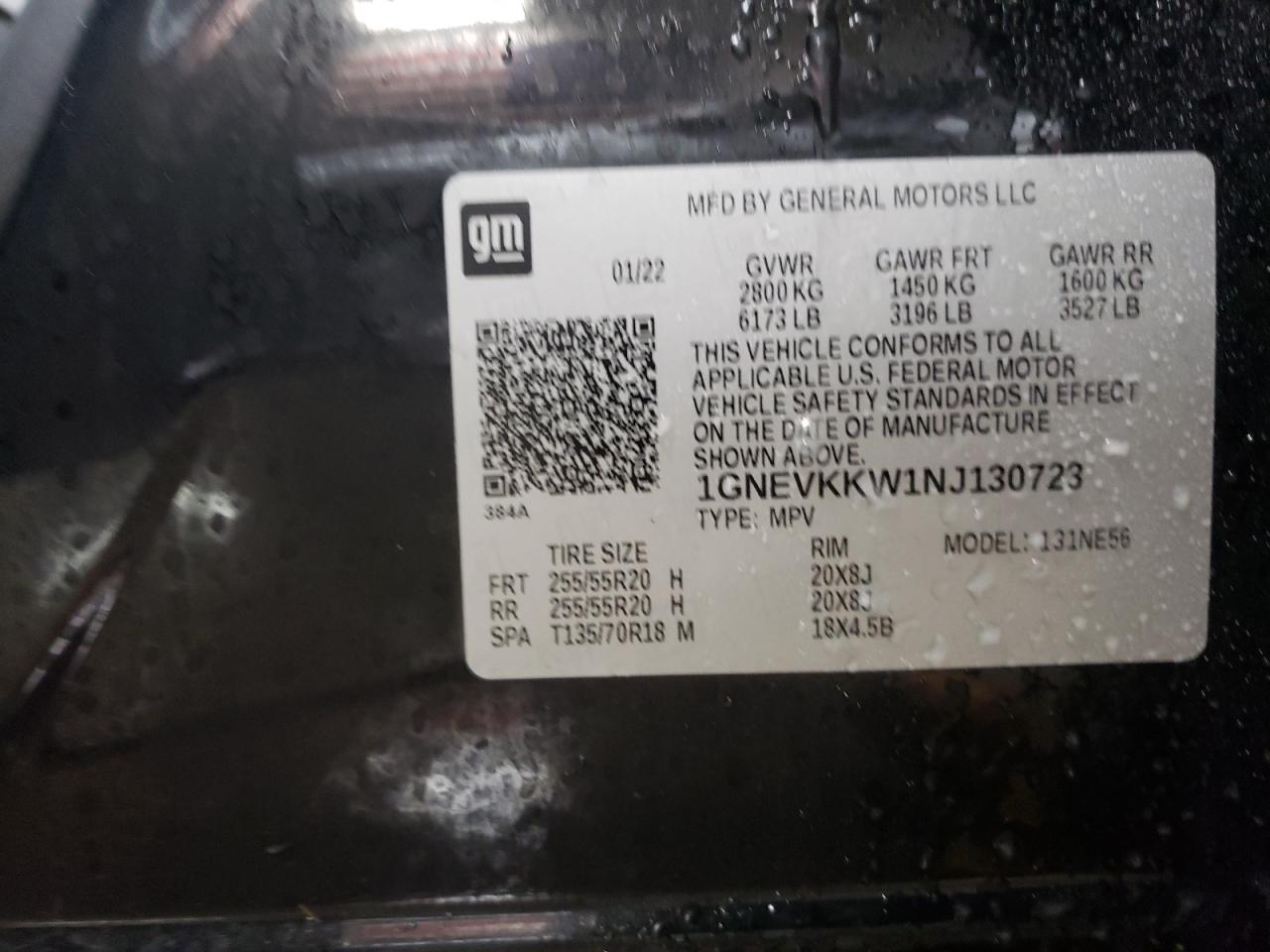 2022 CHEVROLET TRAVERSE PREMIER VIN:1GNEVKKW1NJ130723