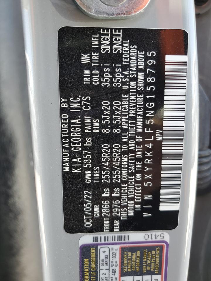 2022 KIA SORENTO SX VIN:5XYRK4LF5NG158795