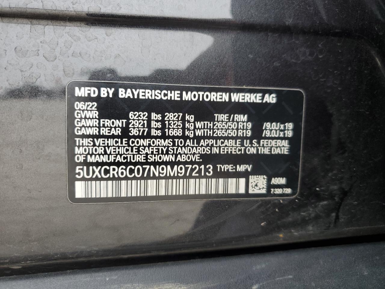 2022 BMW X5 XDRIVE40I VIN:5UXCR6C07N9M97213