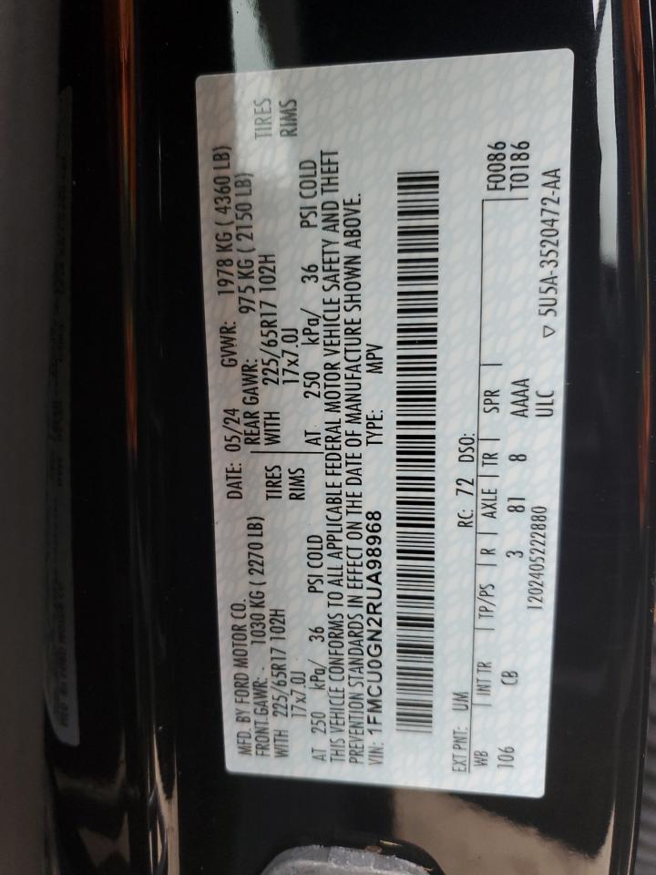 2024 FORD ESCAPE ACTIVE VIN:1FMCU0GN2RUA98968
