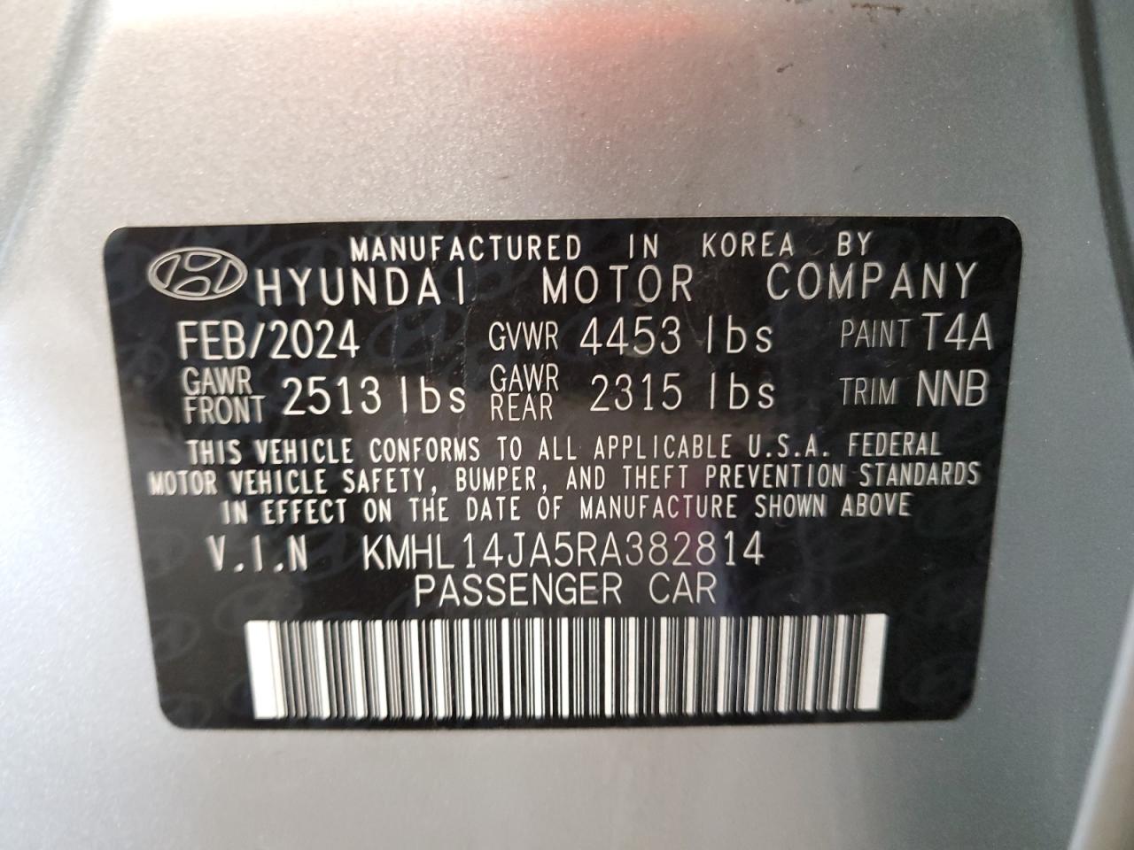 2024 HYUNDAI SONATA SEL VIN:KMHL14JA5RA382814