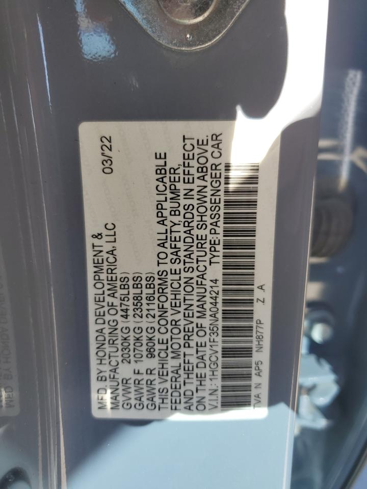 2022 HONDA ACCORD SPORT VIN:1HGCV1F35NA044214