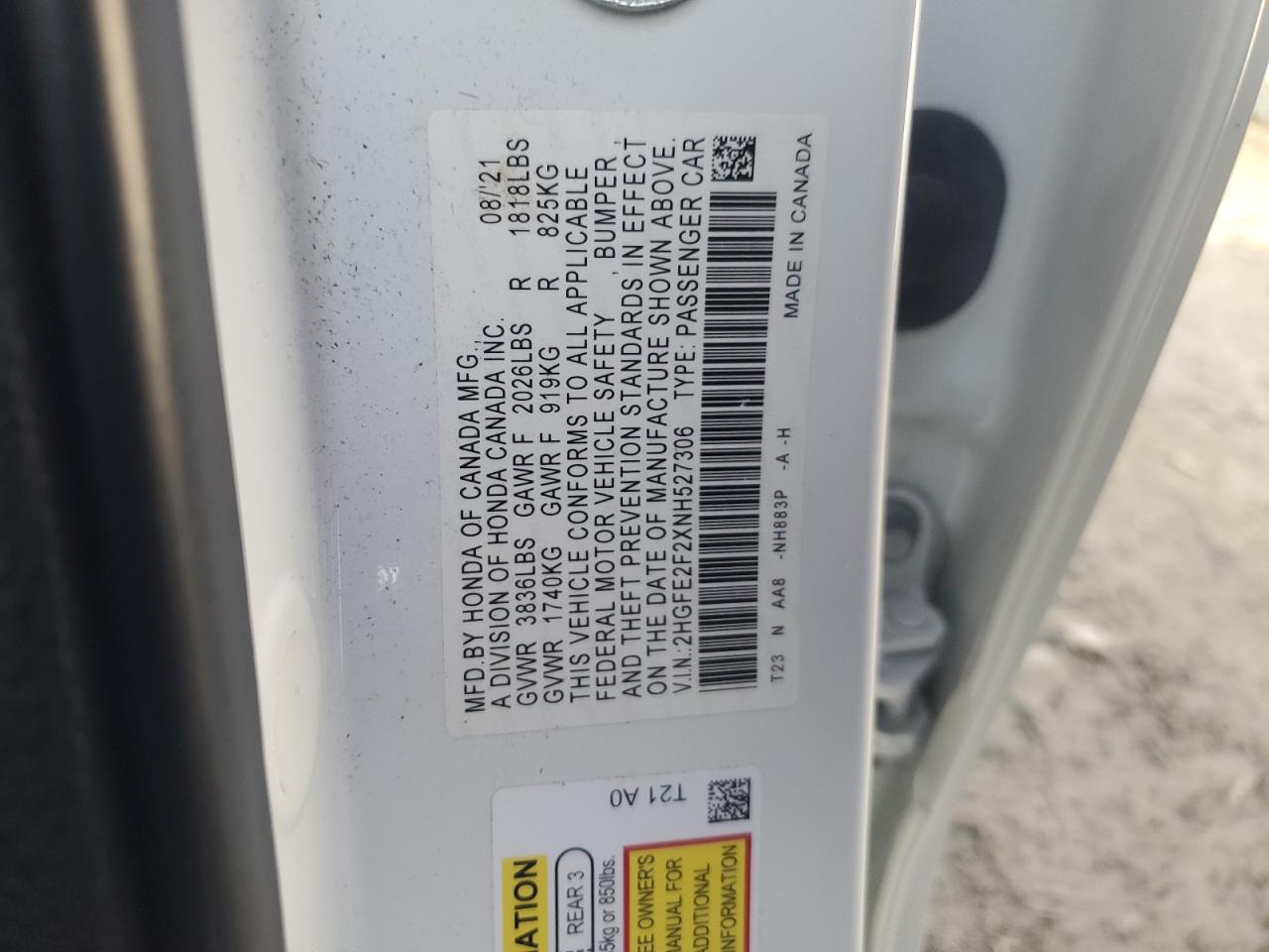 2022 HONDA CIVIC LX VIN:2HGFE2F2XNH527306