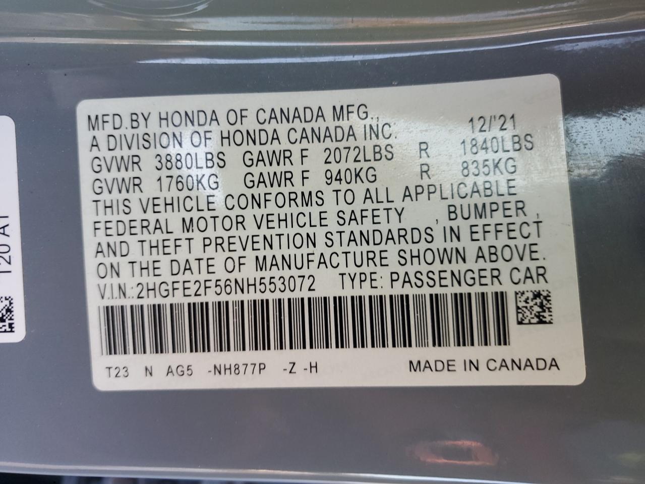 2022 HONDA CIVIC SPORT VIN:2HGFE2F56NH553072