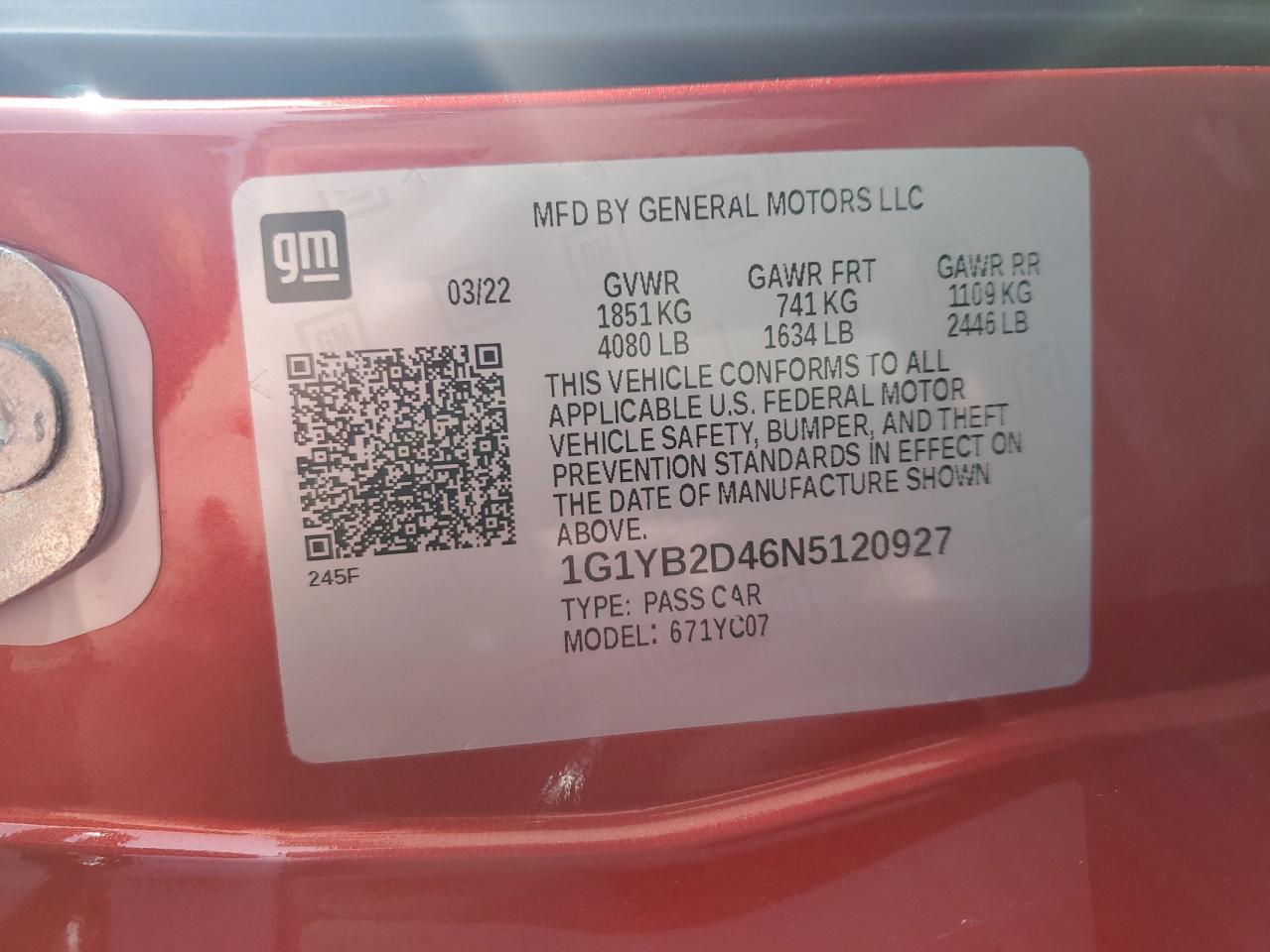 2022 CHEVROLET CORVETTE STINGRAY 2LT VIN:1G1YB2D46N5120927