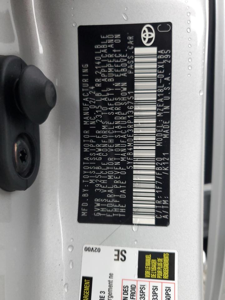 2024 TOYOTA COROLLA LE VIN:5YFB4MDE3RP136751