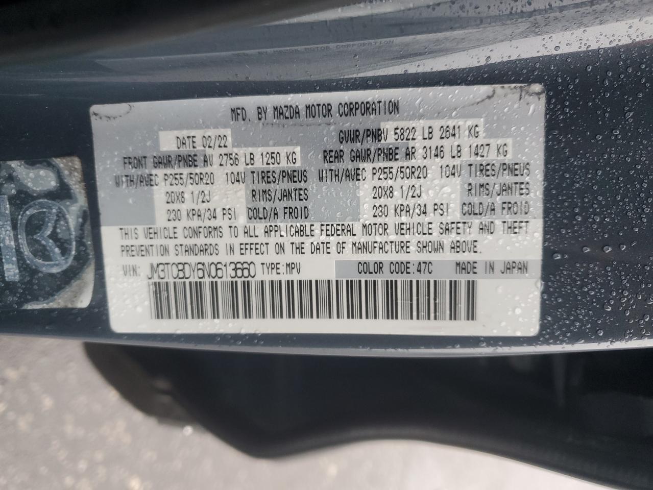 2022 MAZDA CX-9 GRAND TOURING VIN:JM3TCBDY6N0613660