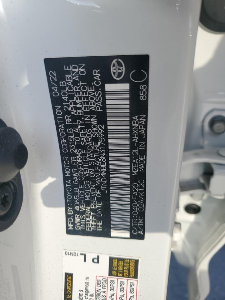 2022 TOYOTA COROLLA SE VIN:JTND4MBE8N3175992