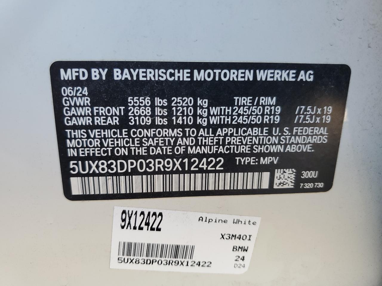 2024 BMW X3 M40I VIN:5UX83DP03R9X12422