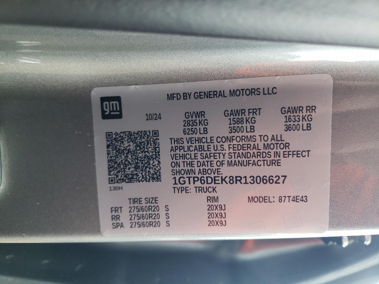 2024 GMC CANYON AT4 VIN:1GTP6DEK8R1306627