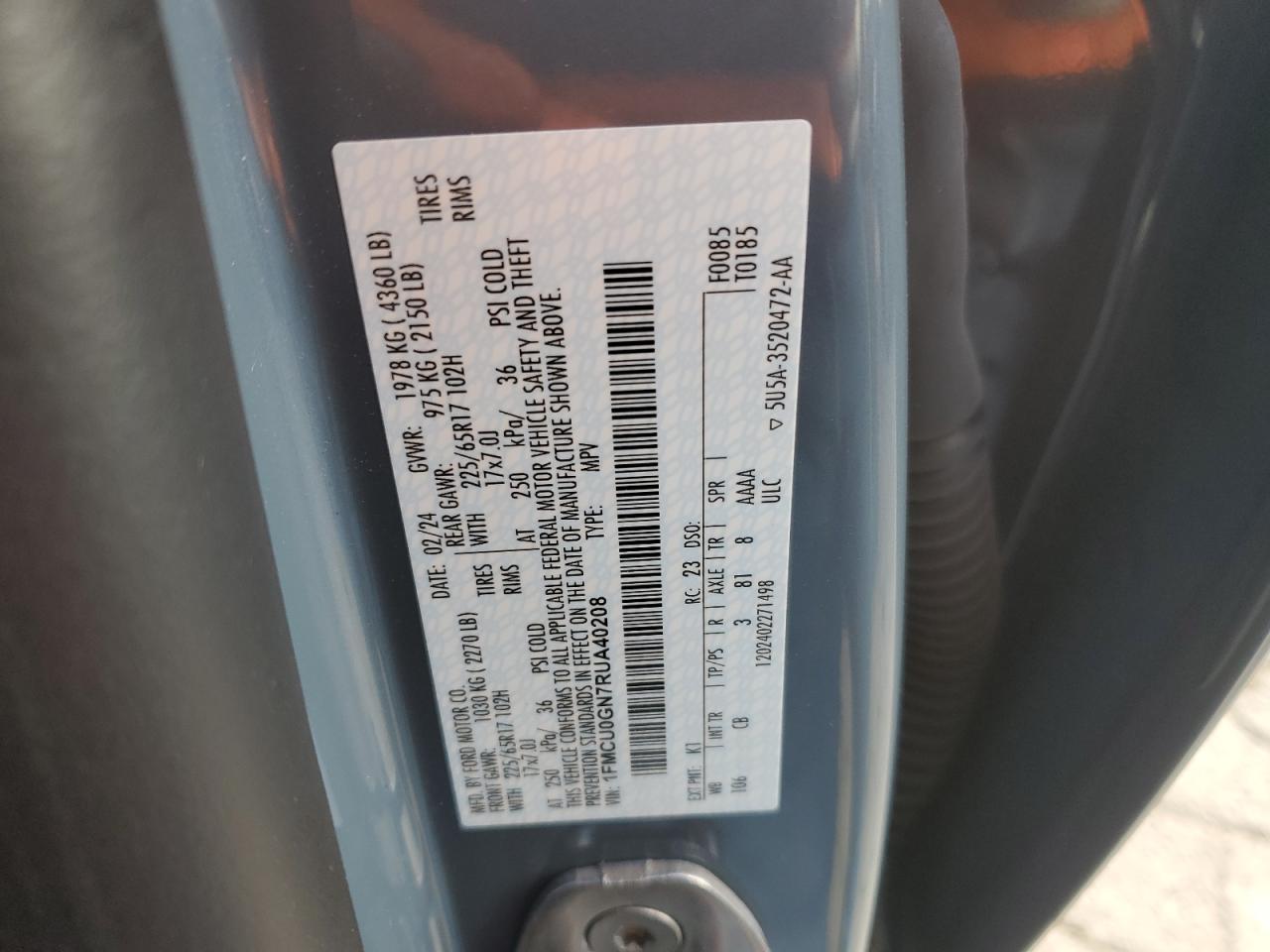 2024 FORD ESCAPE ACTIVE VIN:1FMCU0GN7RUA40208