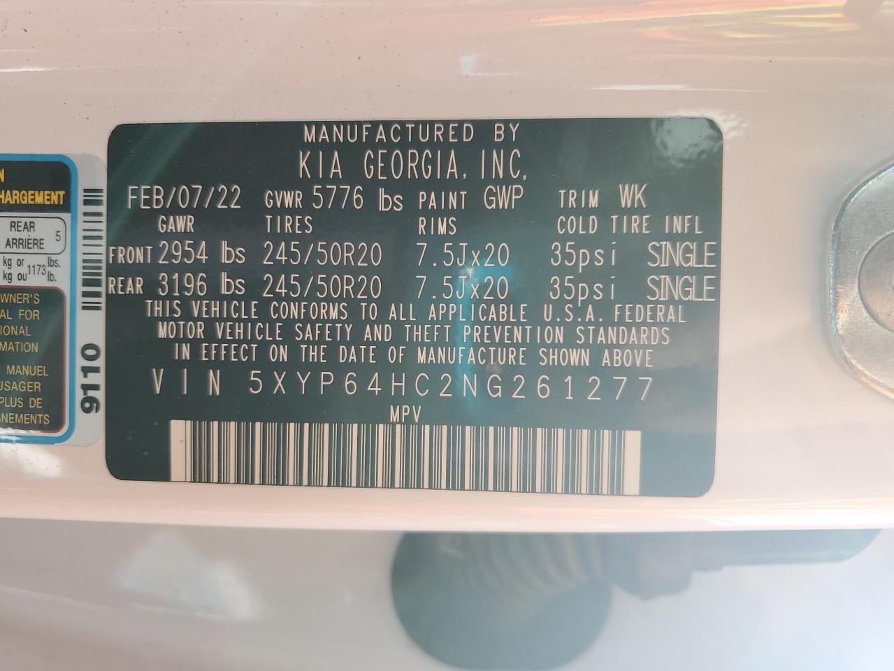 2022 KIA TELLURIDE S VIN:5XYP64HC2NG261277