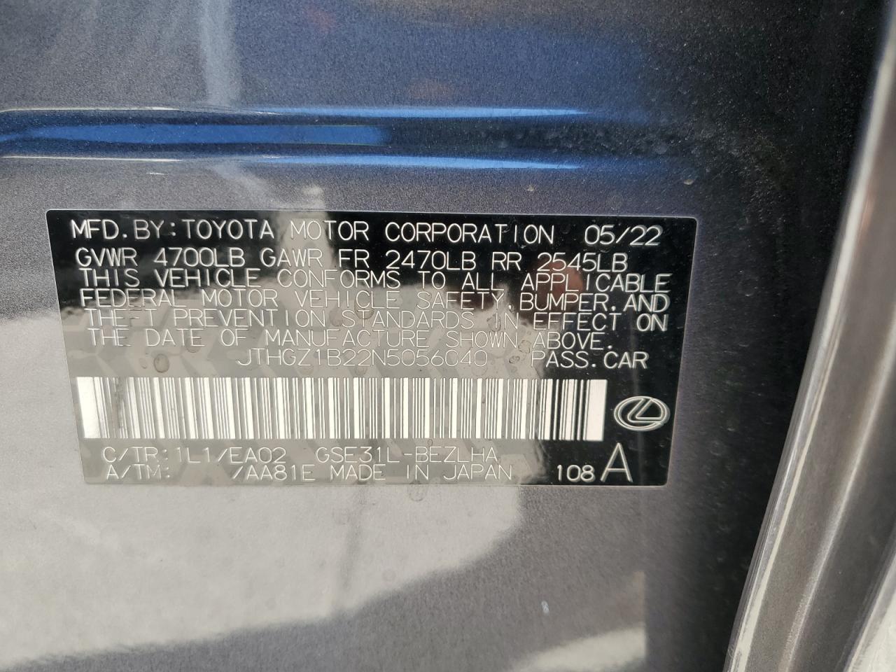 2022 LEXUS IS 350 F SPORT VIN:JTHGZ1B22N5056040