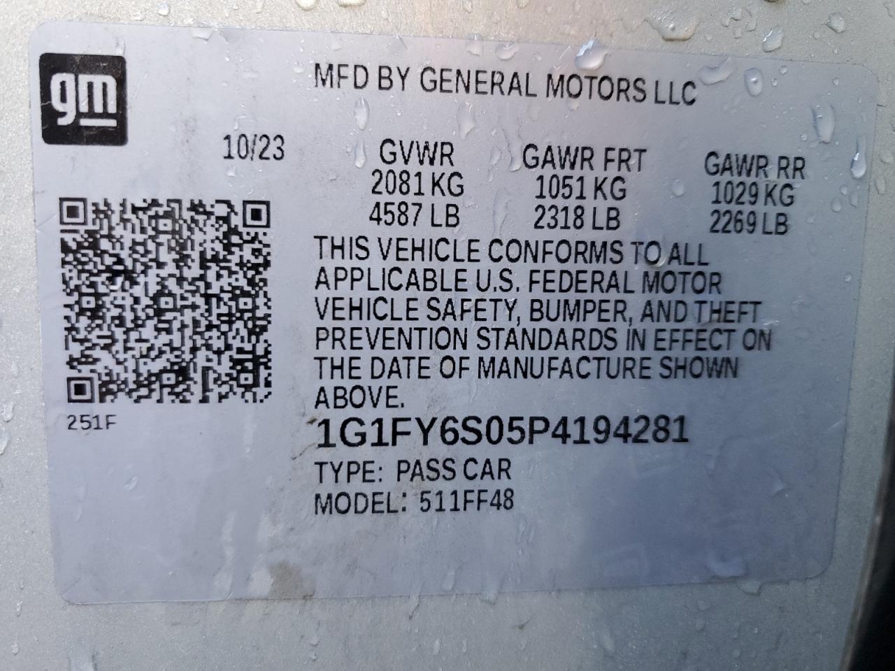 2023 CHEVROLET BOLT EUV LT VIN:1G1FY6S05P4194281