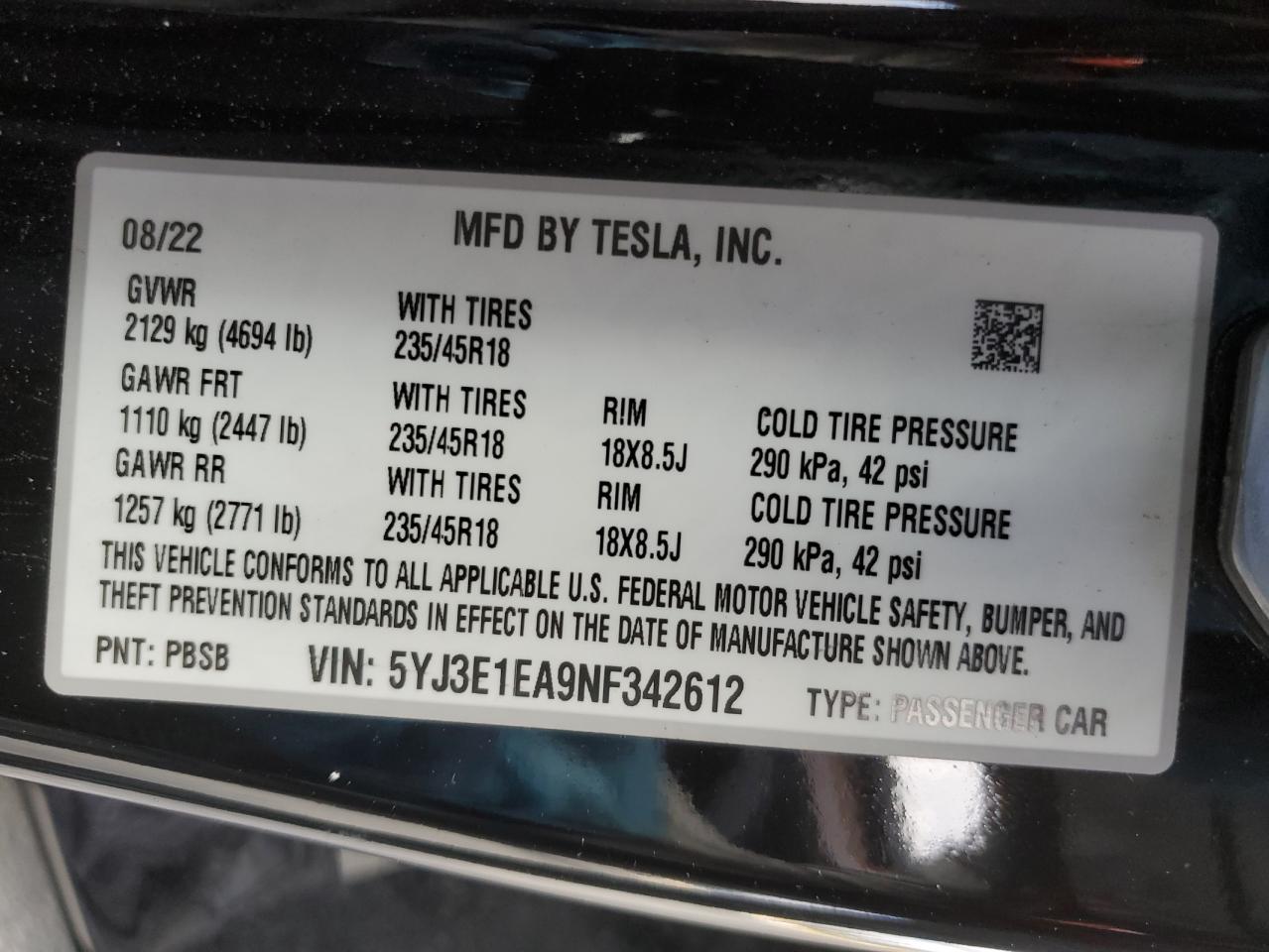 2022 TESLA MODEL 3  VIN:5YJ3E1EA9NF342612