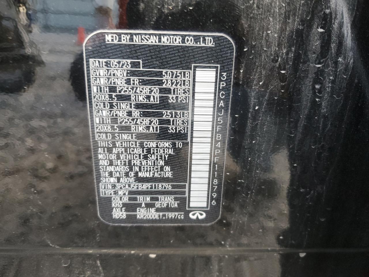 2023 INFINITI QX50 SPORT VIN:3PCAJ5FB4PF118796