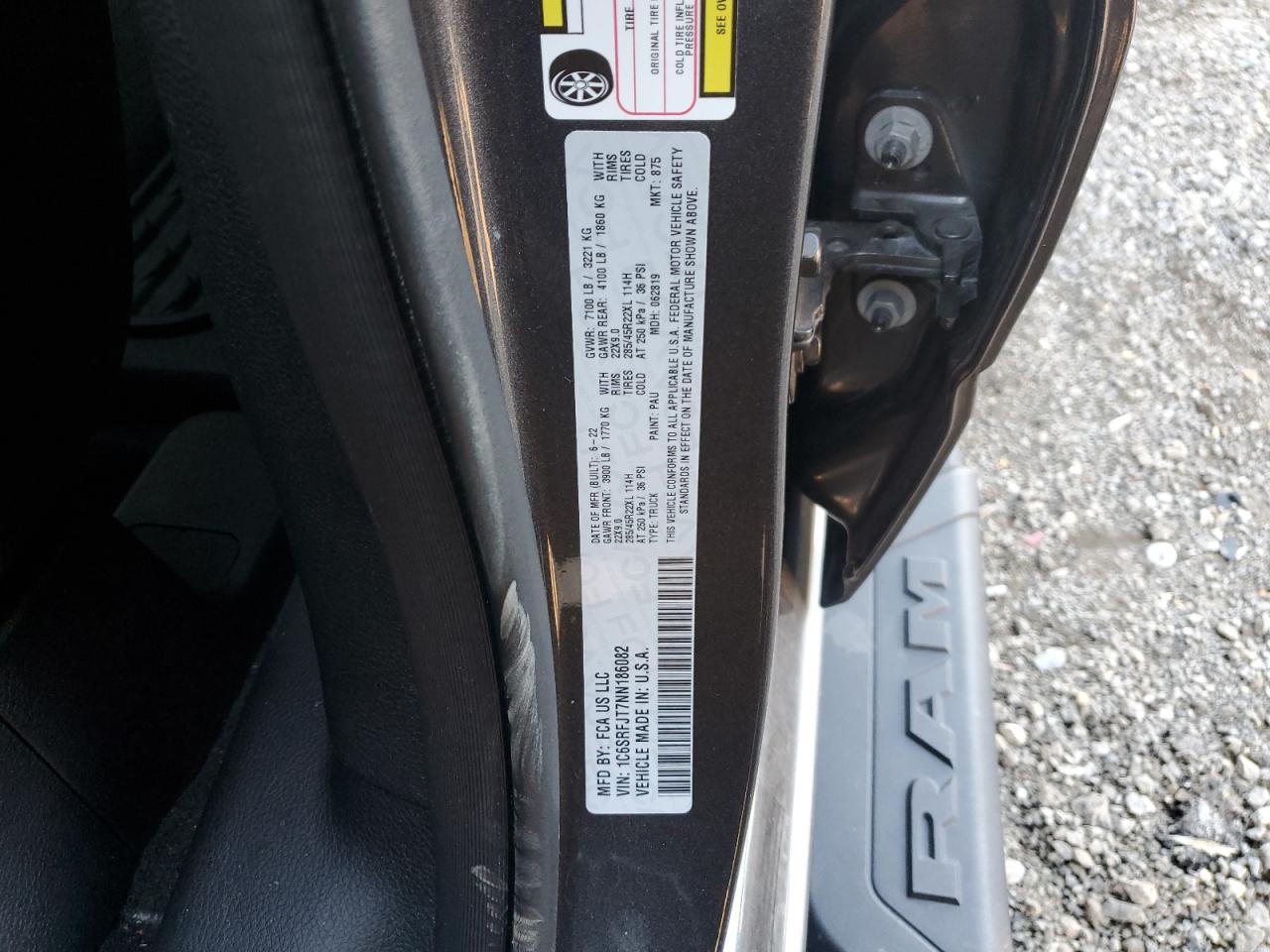 2022 RAM 1500 LARAMIE VIN:1C6SRFJT7NN186082