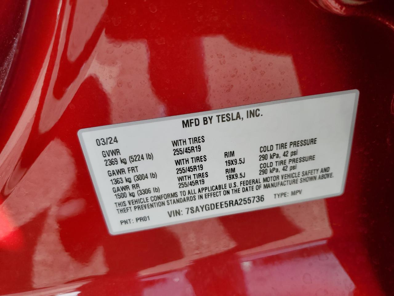 2024 TESLA MODEL Y  VIN:7SAYGDEE5RA255736