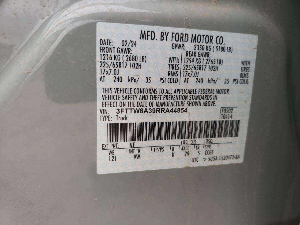 2024 FORD MAVERICK XL VIN:3FTTW8A39RRA44854