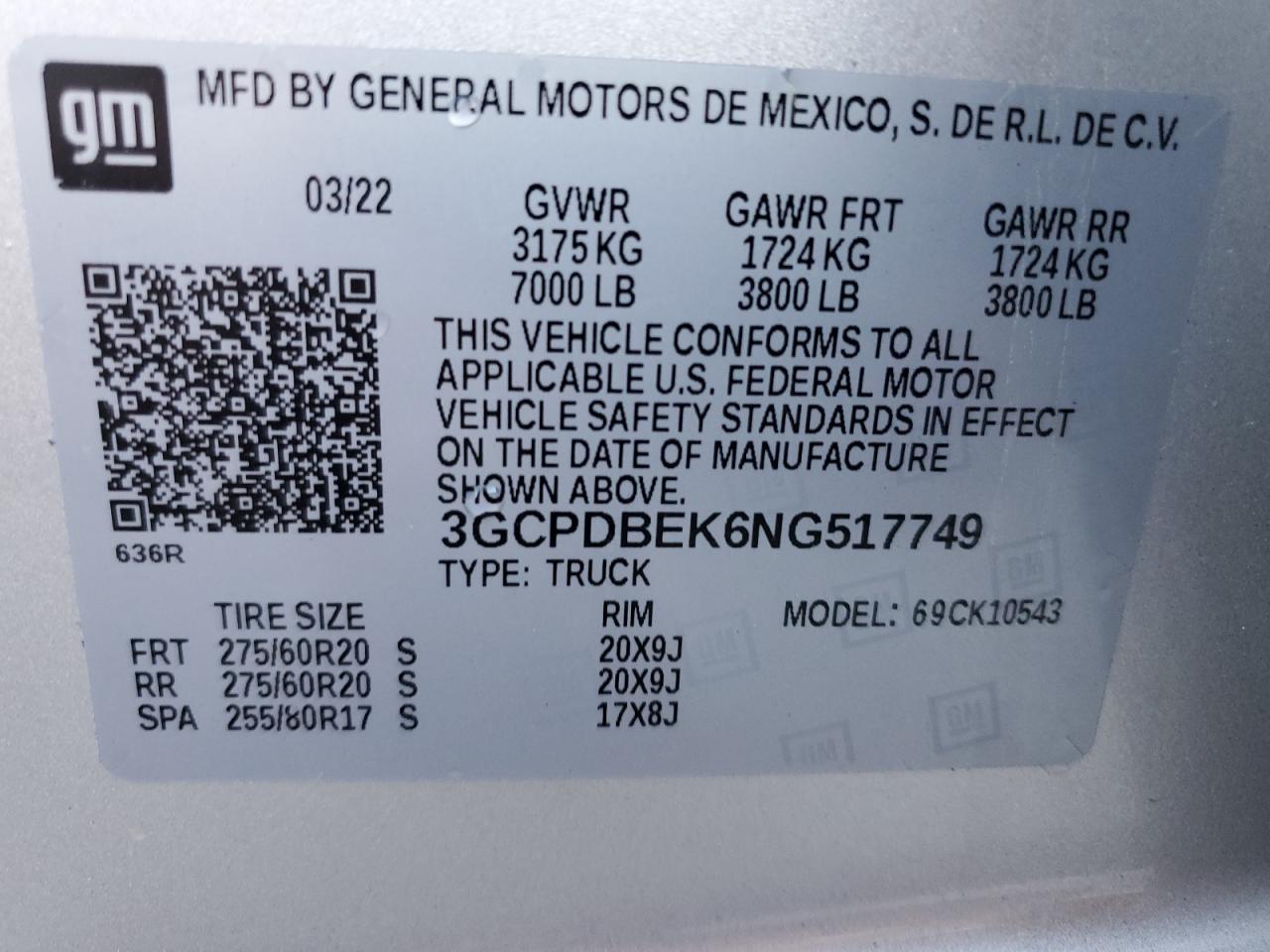 2022 CHEVROLET SILVERADO K1500 CUSTOM VIN:3GCPDBEK6NG517749