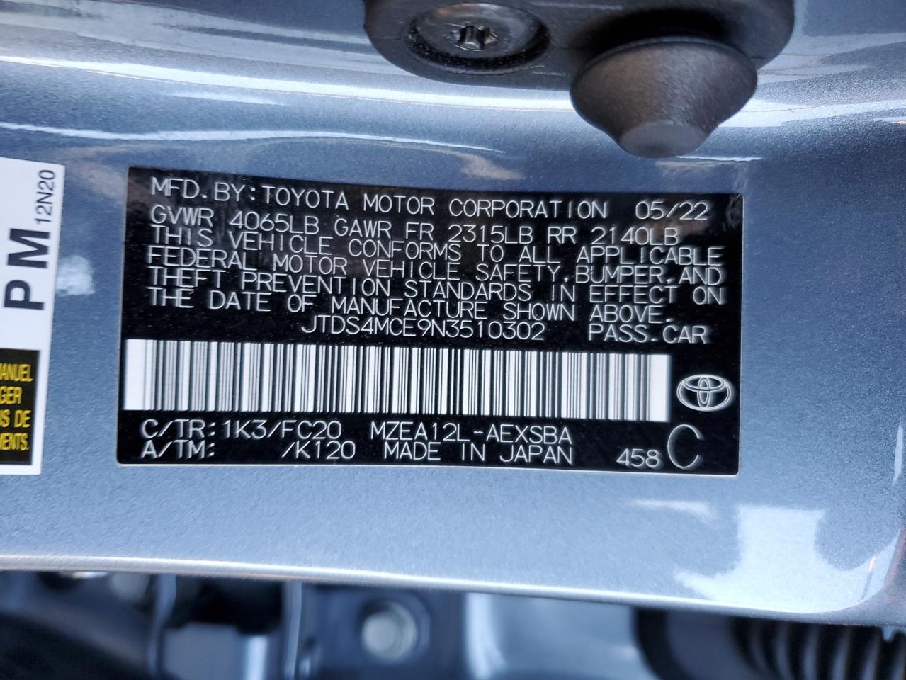 2022 TOYOTA COROLLA SE VIN:JTDS4MCE9N3510302