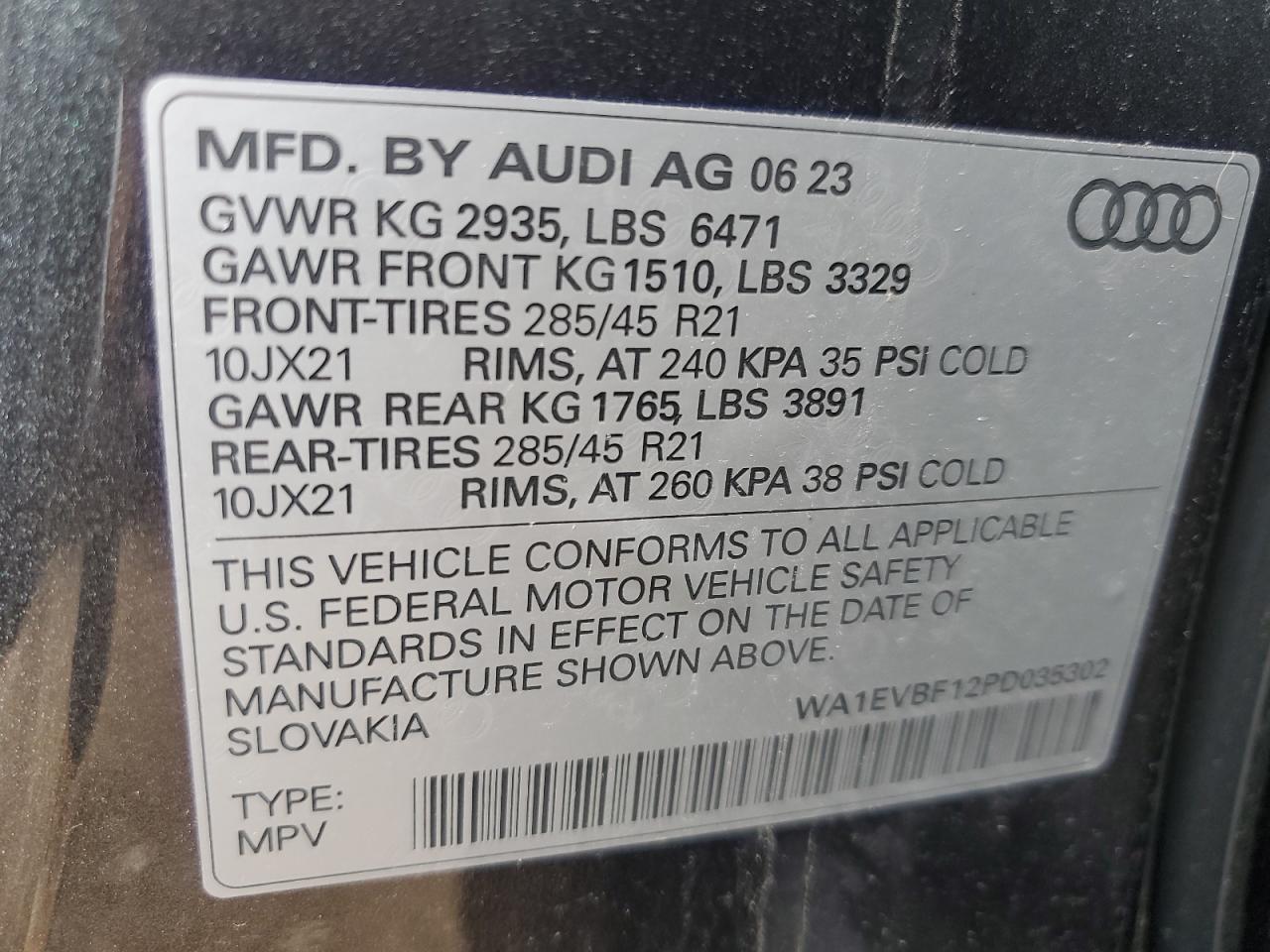 2023 AUDI Q8 PREMIUM PLUS S-LINE VIN:WA1EVBF12PD035302