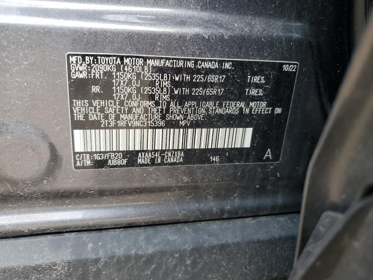 2022 TOYOTA RAV4 LE VIN:2T3F1RFV9NC315396