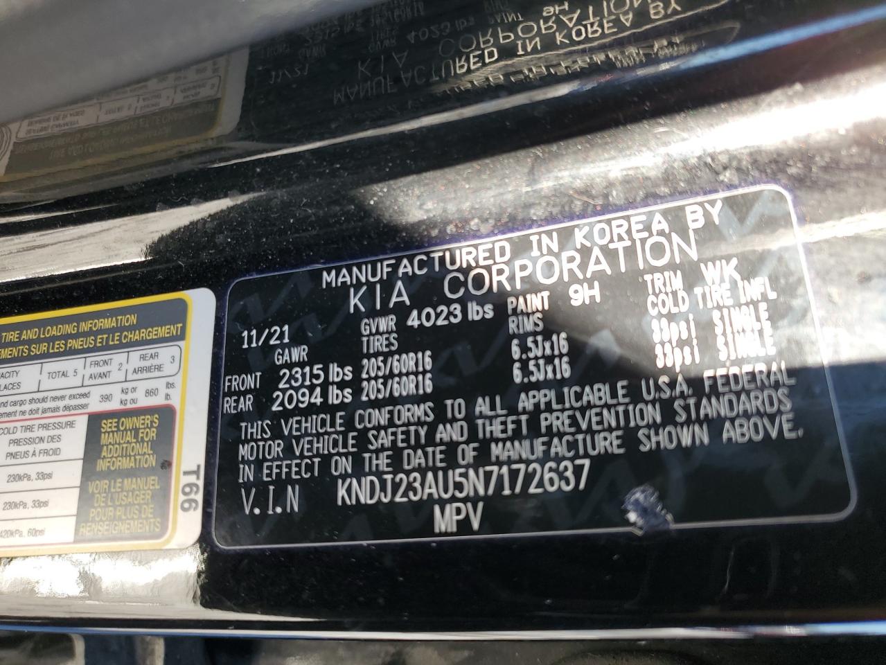 2022 KIA SOUL LX VIN:KNDJ23AU5N7172637