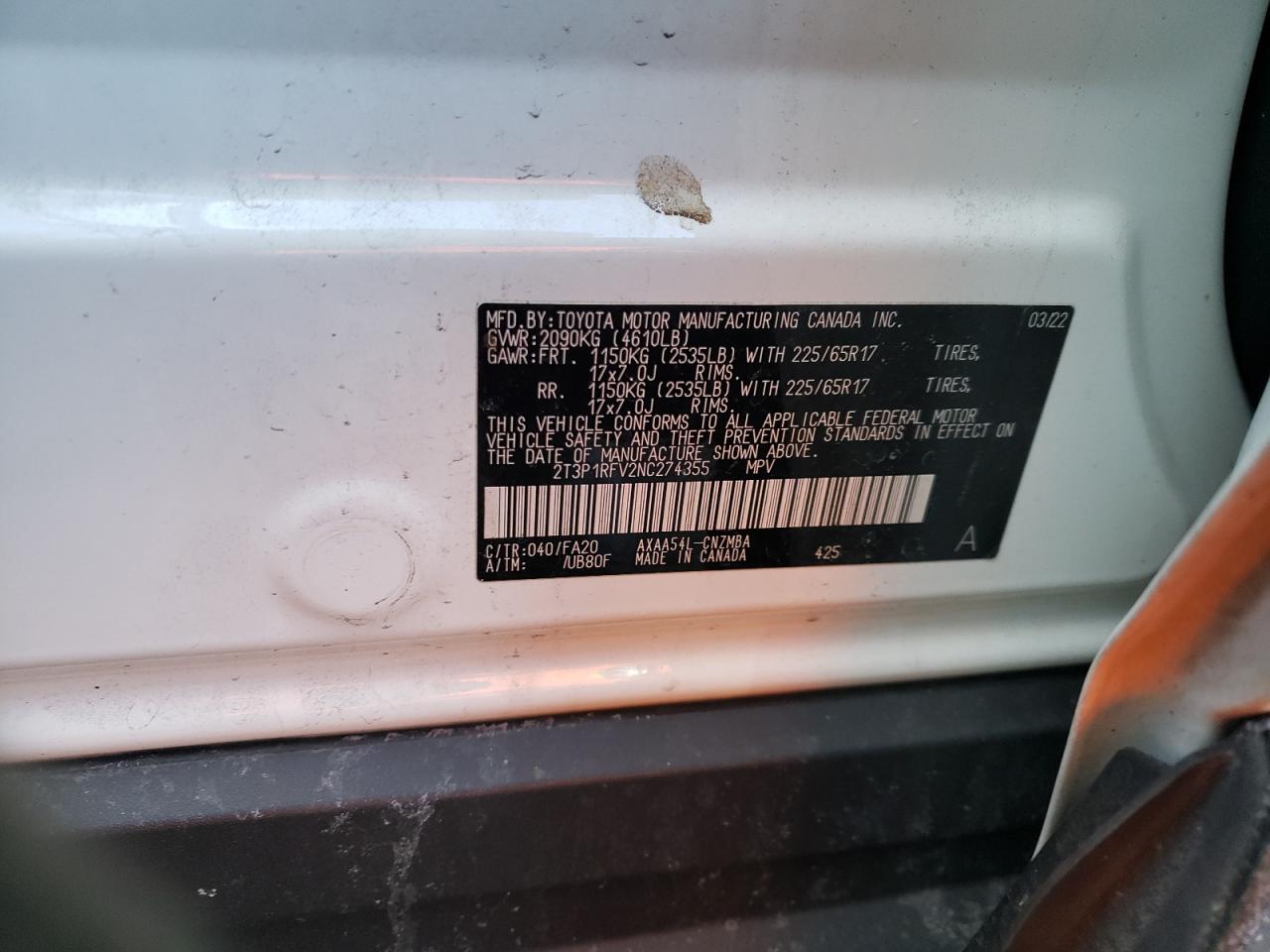 2022 TOYOTA RAV4 XLE VIN:2T3P1RFV2NC274355