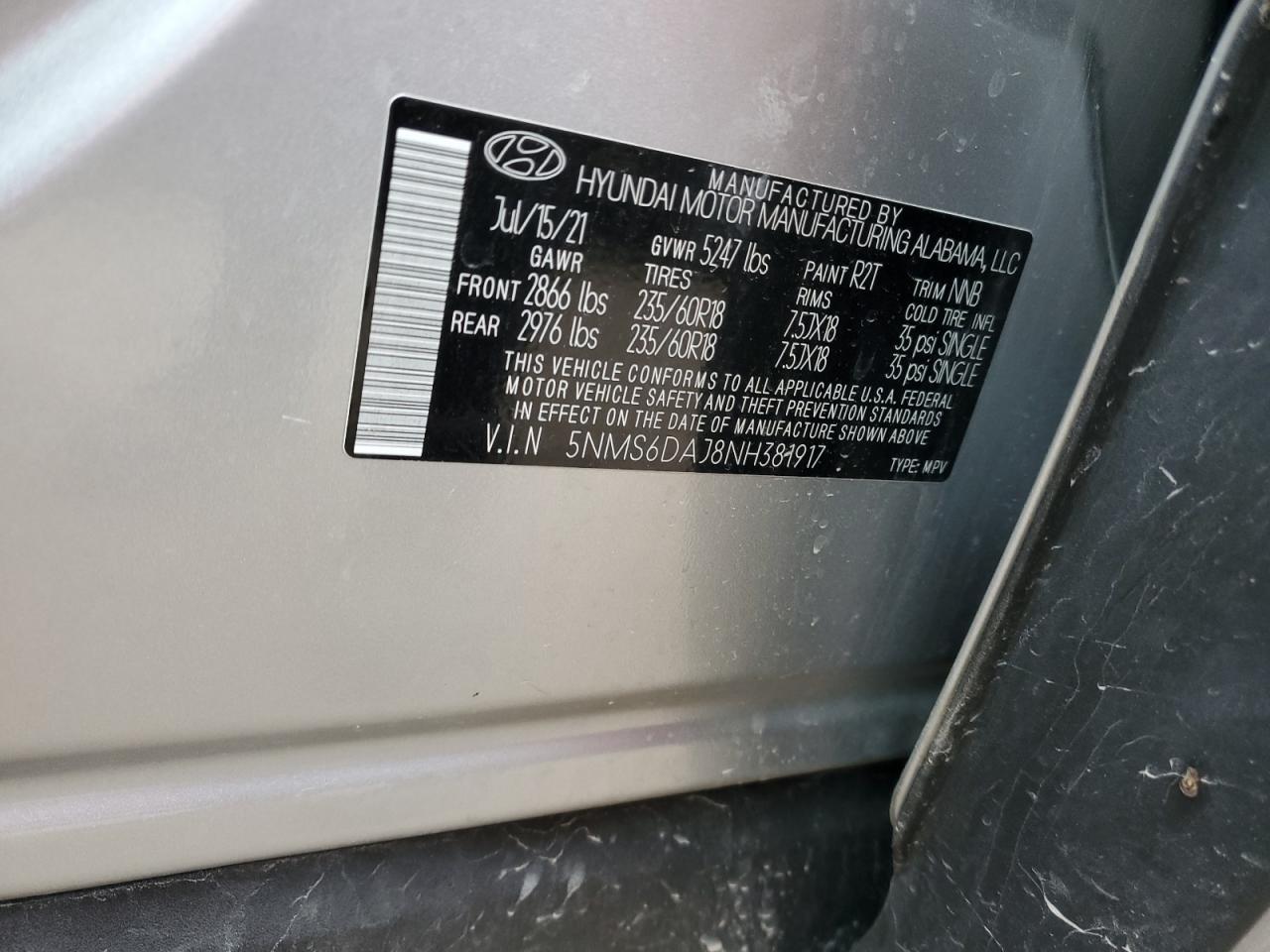 2022 HYUNDAI SANTA FE SEL VIN:5NMS6DAJ8NH381917