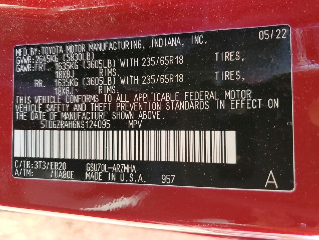 2022 TOYOTA HIGHLANDER XLE VIN:5TDGZRAH6NS124095