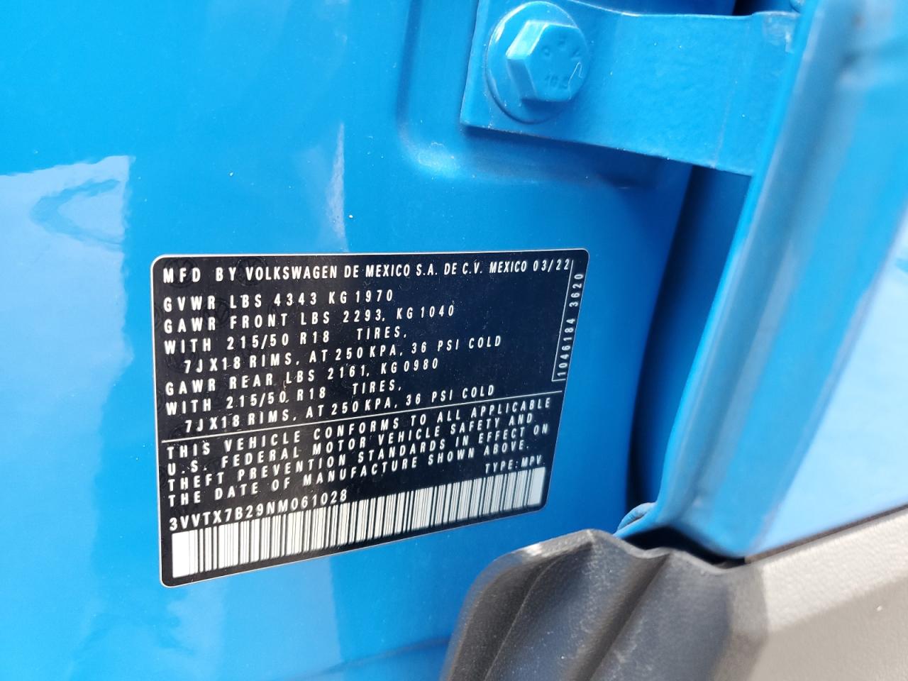 2022 VOLKSWAGEN TAOS SE VIN:3VVTX7B29NM061028