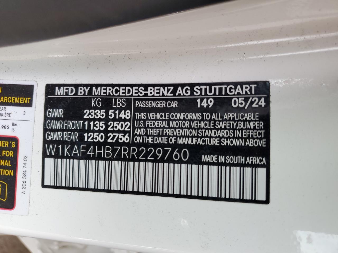 2024 MERCEDES-BENZ C 300 4MATIC VIN:W1KAF4HB7RR229760