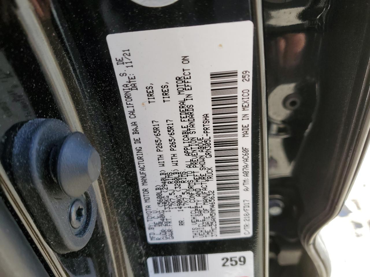 2022 TOYOTA TACOMA DOUBLE CAB VIN:3TMCZ5AN5NM465632