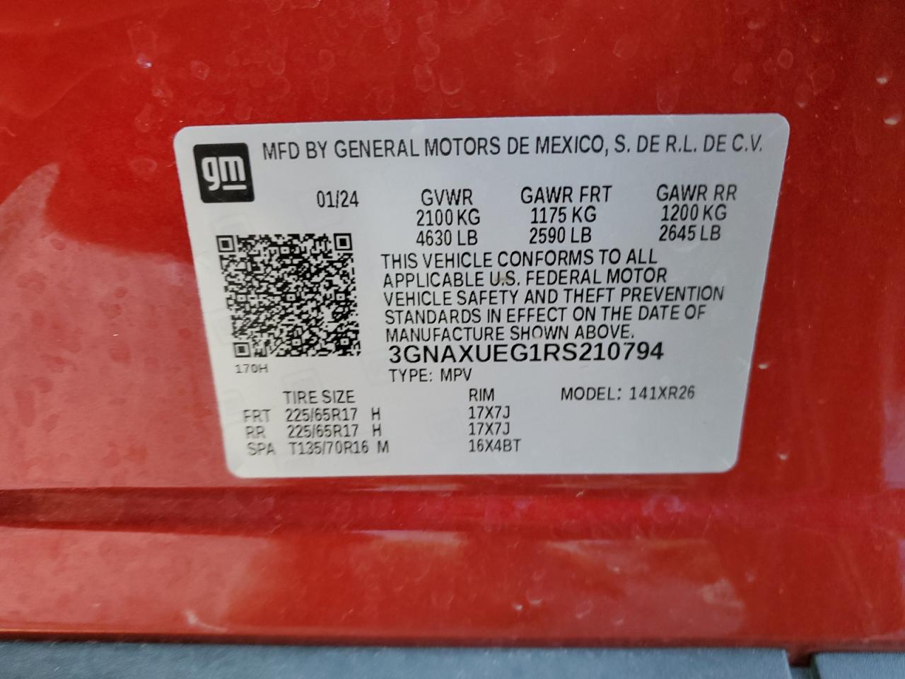 2024 CHEVROLET EQUINOX LT VIN:3GNAXUEG1RS210794