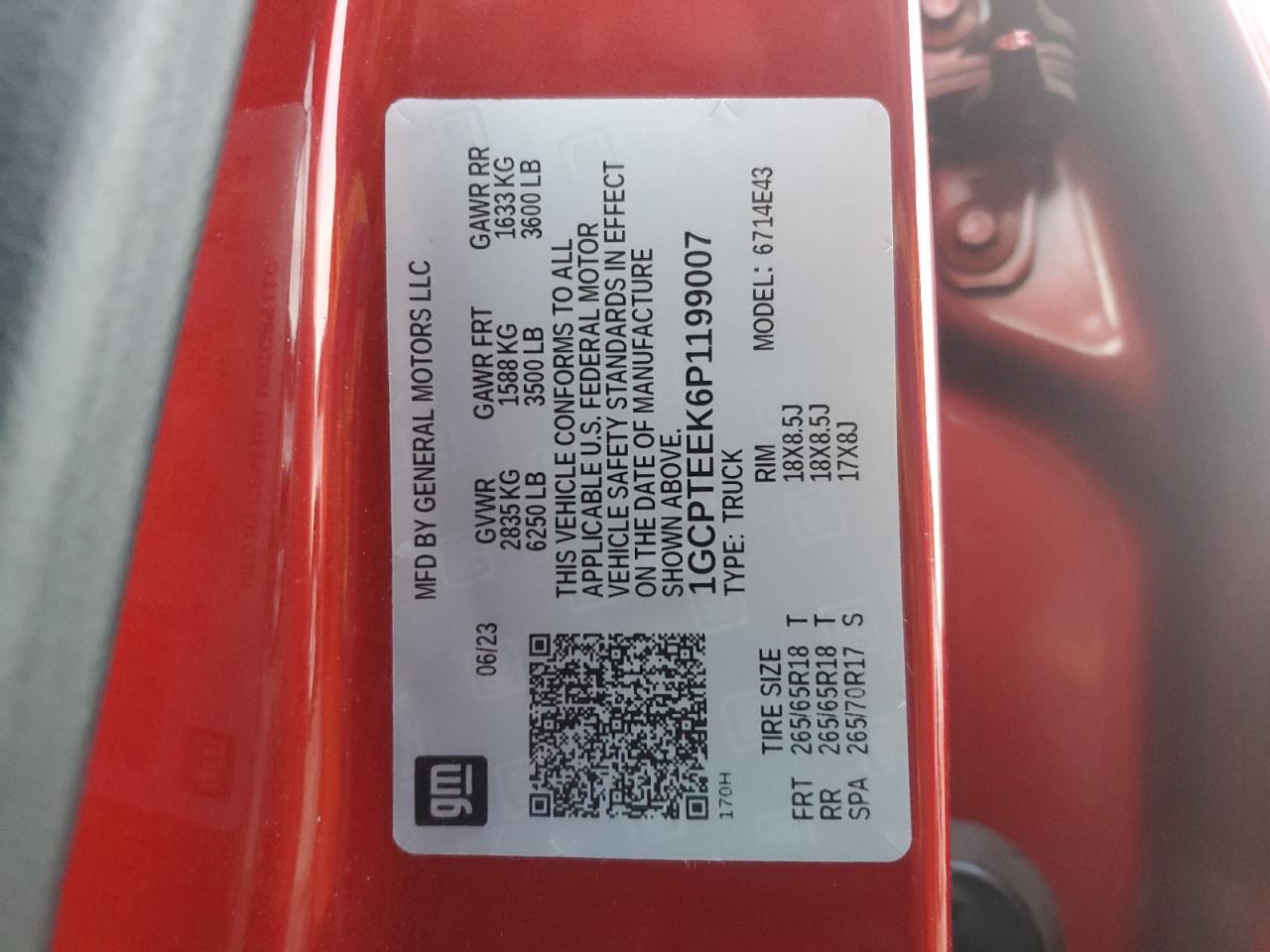 2023 CHEVROLET COLORADO TRAIL BOSS VIN:1GCPTEEK6P1199007