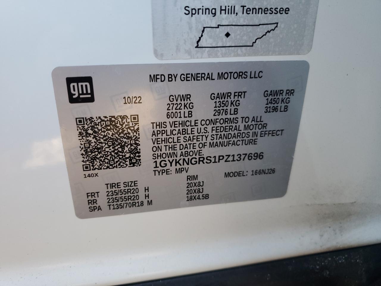 2023 CADILLAC XT5 SPORT VIN:1GYKNGRS1PZ137696