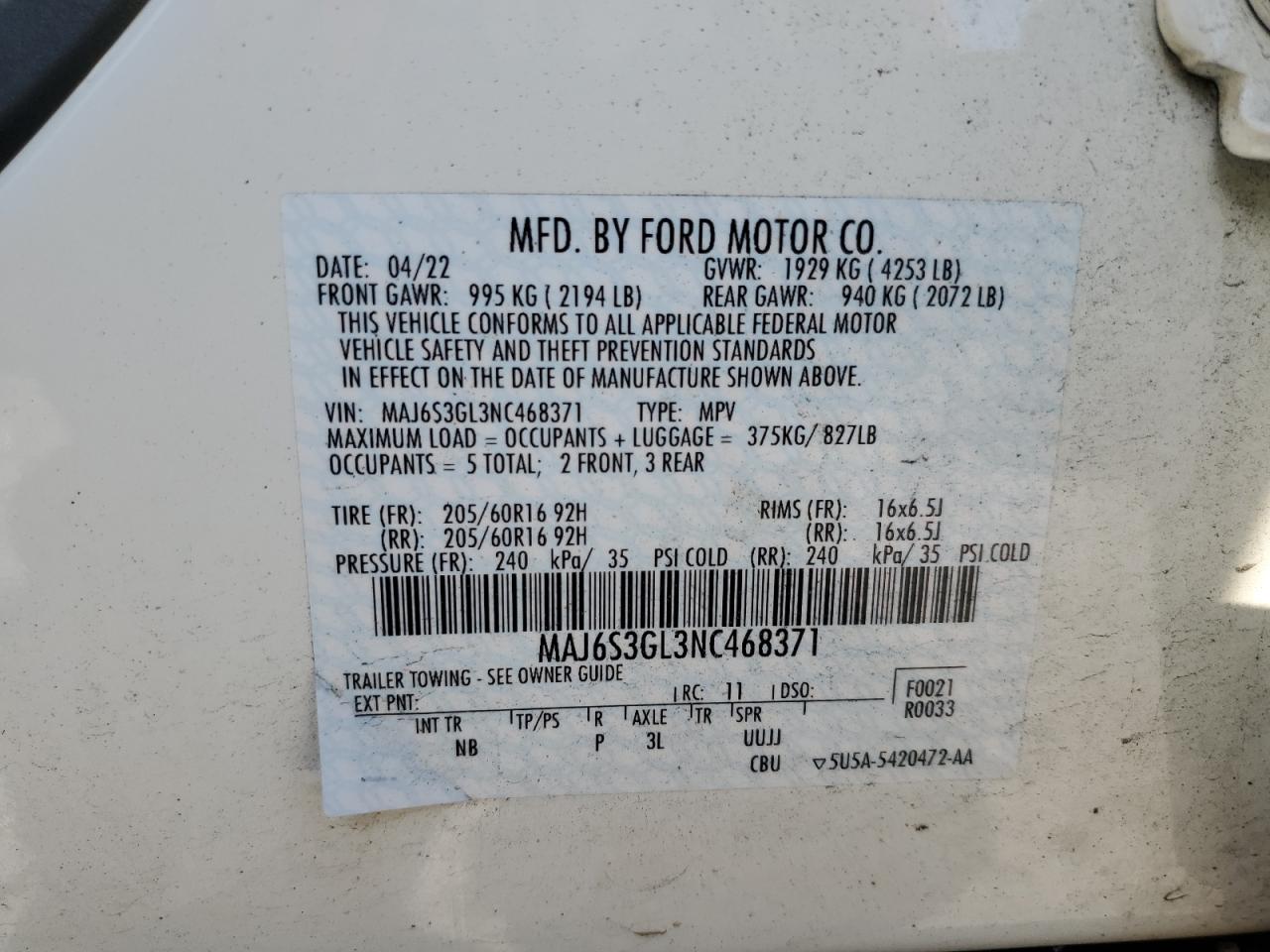2022 FORD ECOSPORT SE VIN:MAJ6S3GL3NC468371